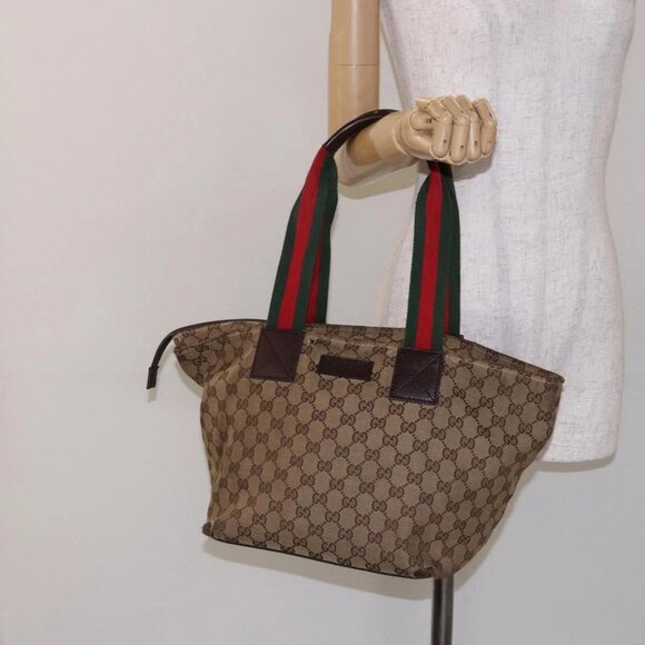 GUCCI GG Canvas Web Sherry Line Tote Bag Beige Silver - Picture 1 of 16